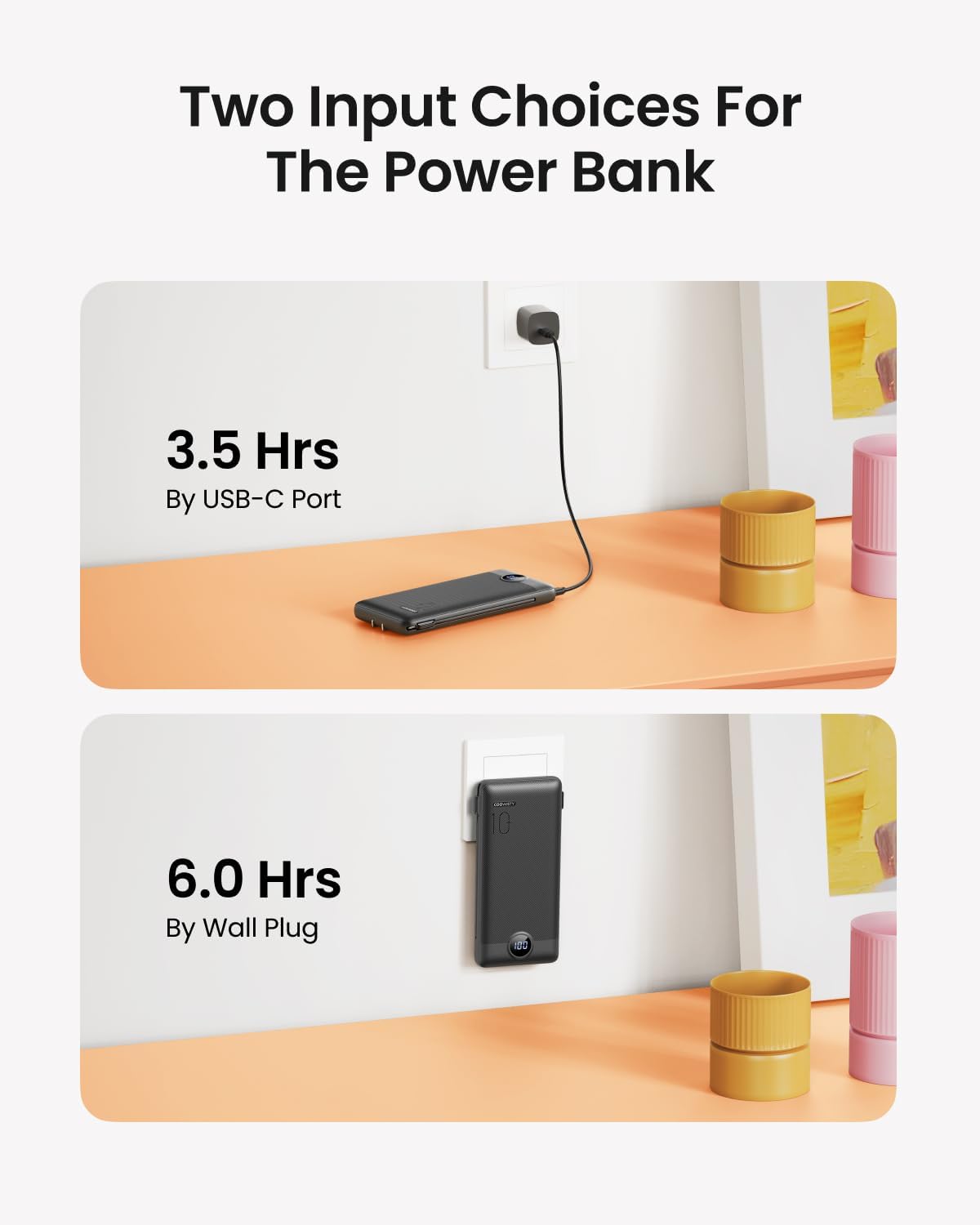 10000mAh Portable Power Bank with Foldable Wall Plug & Built-in Charging Cables