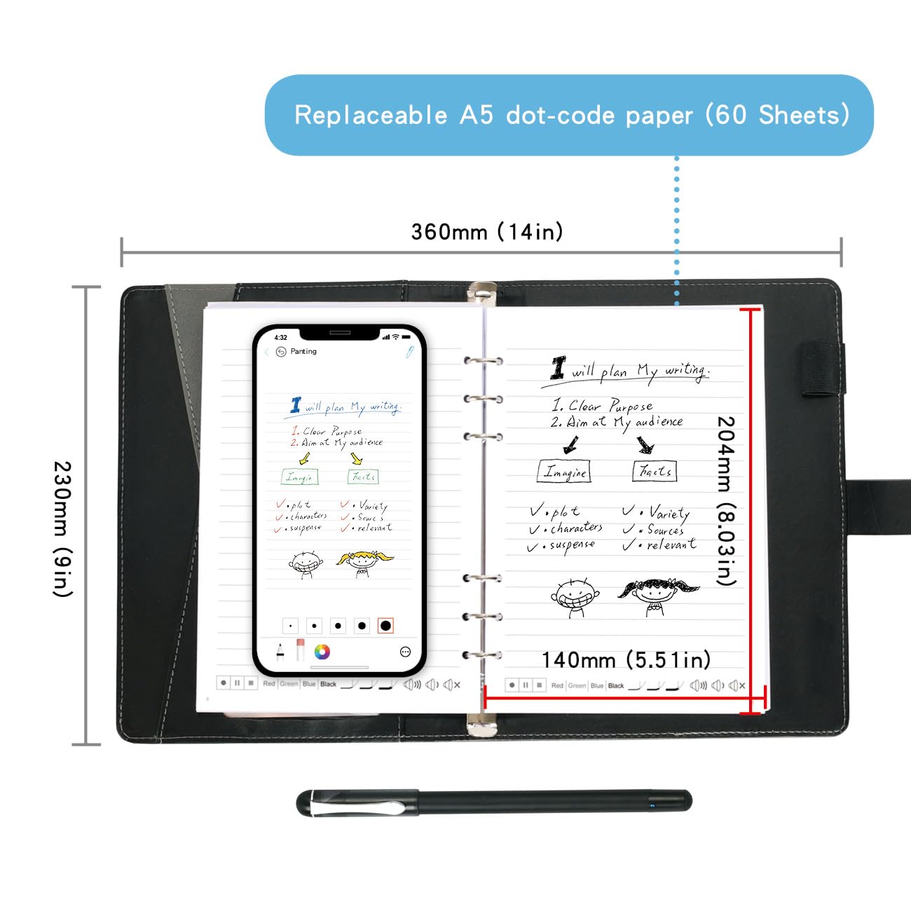 Ophaya Pro+ Smart Pen & Notebook Set – Real-Time Sync, OCR Text Conversion & Audio Recording (Black)