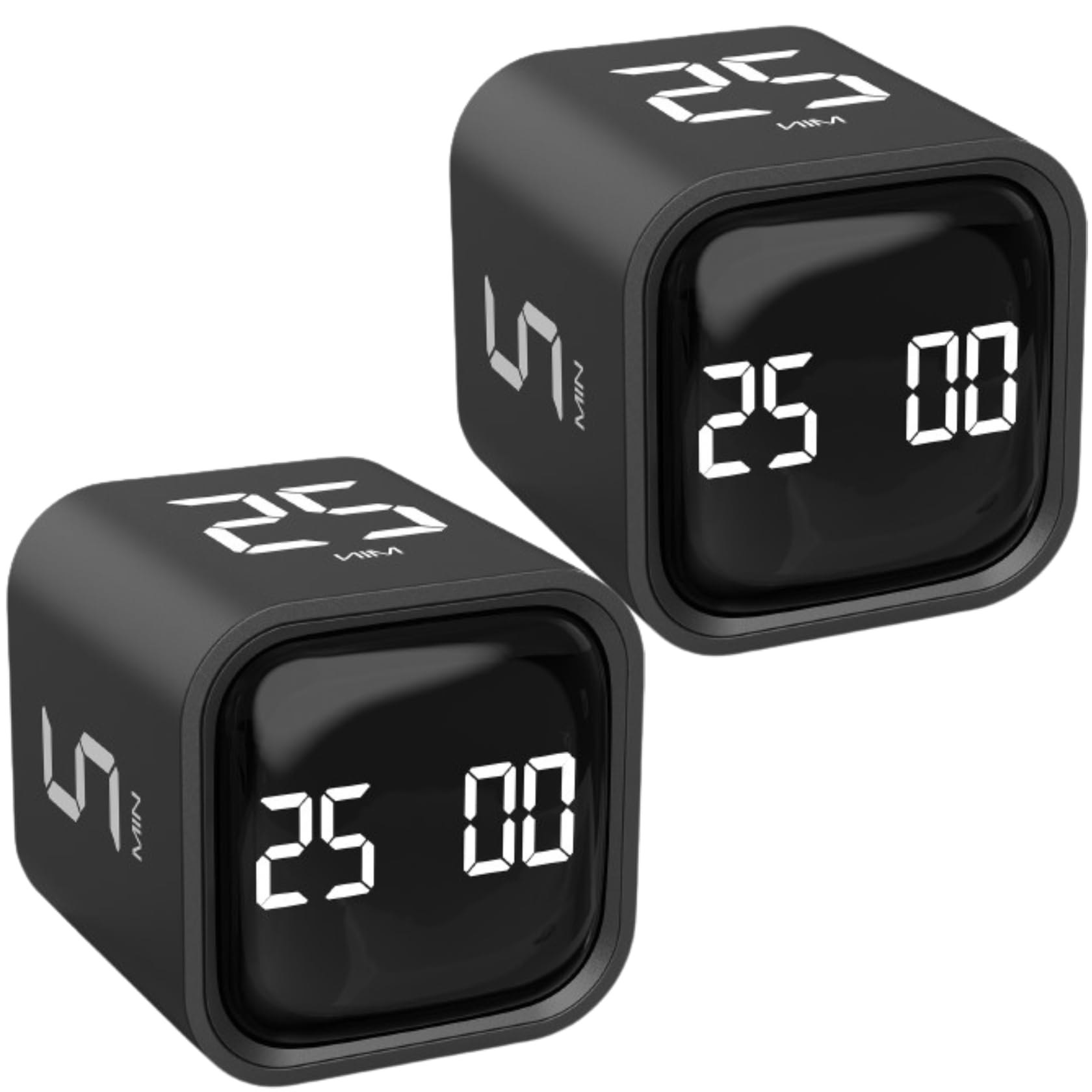 Rotating Pomodoro Timer Cube 2-Pack with Gravity Sensor, Preset 5/10/25/50 Min, Custom Countdown & Stopwatch, Silent Vibration Desk Timer for Work, Study & Kitchen – Black