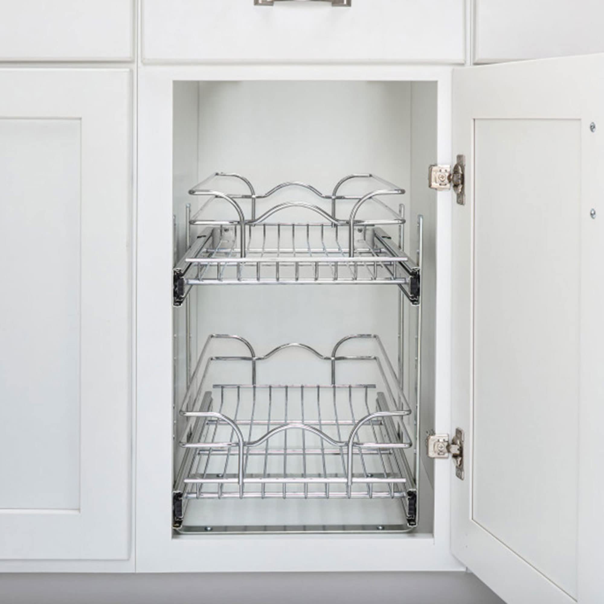 2-Tier Pull-Out Cabinet Organizer – Chrome Wire Slide-Out Baskets with Full-Extension Rails
