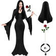 Women’s Gothic Halloween Costume Set – Long Black Dress, Wig, Rose, Ring & Necklace (5pcs)