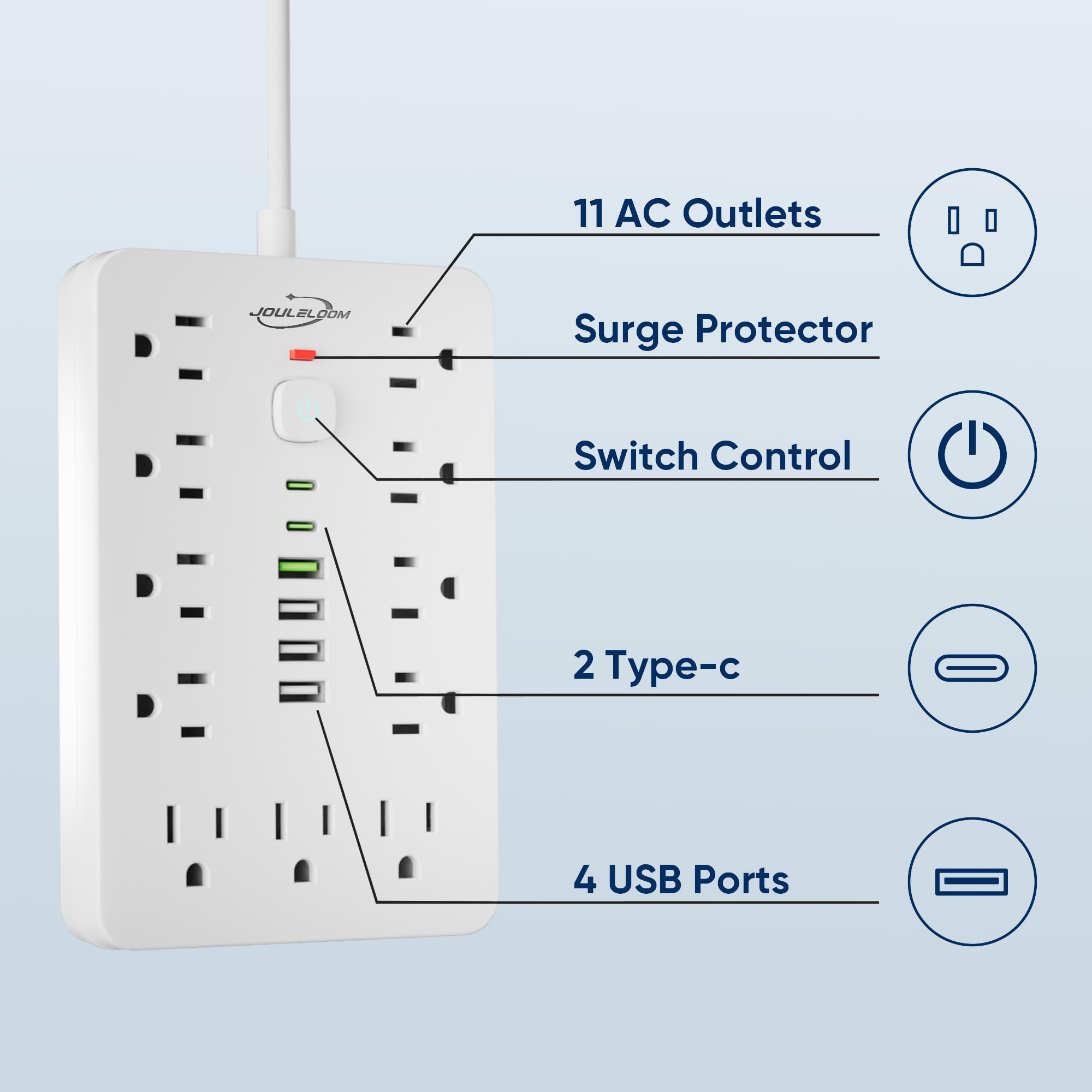 JouleLoom 17-in-1 Surge Protector Power Strip with 11 AC Outlets & USB-C Ports – Compact Flat Plug Extension Cord White