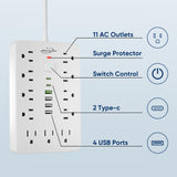 JouleLoom 17-in-1 Surge Protector Power Strip with 11 AC Outlets & USB-C Ports – Compact Flat Plug Extension Cord White