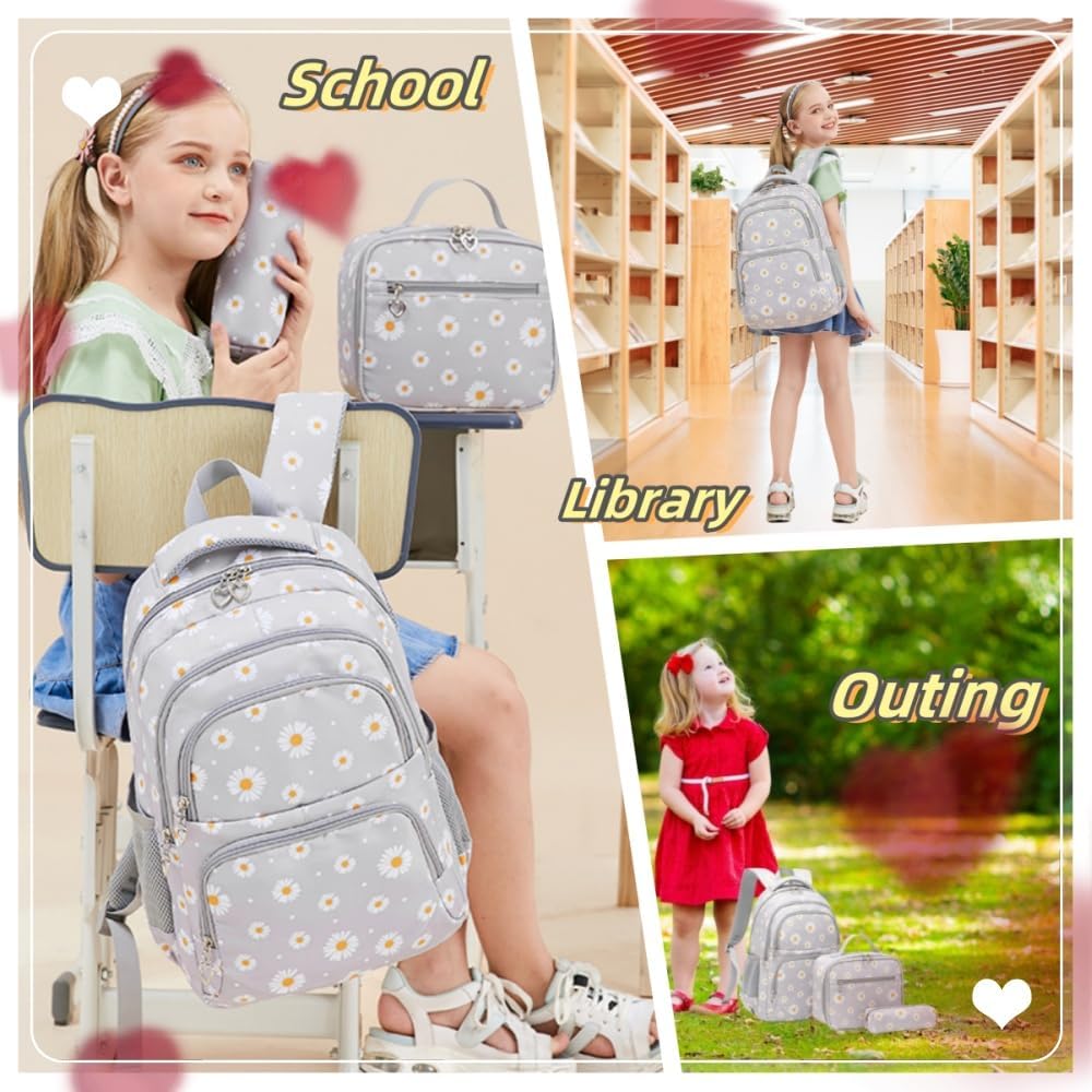 Daisy Print School Backpack Set with Insulated Lunch Bag