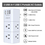 9-in-1 Rotating Power Outlet Extender with USB-C – Surge Protector Wall Charger with 6 AC Ports