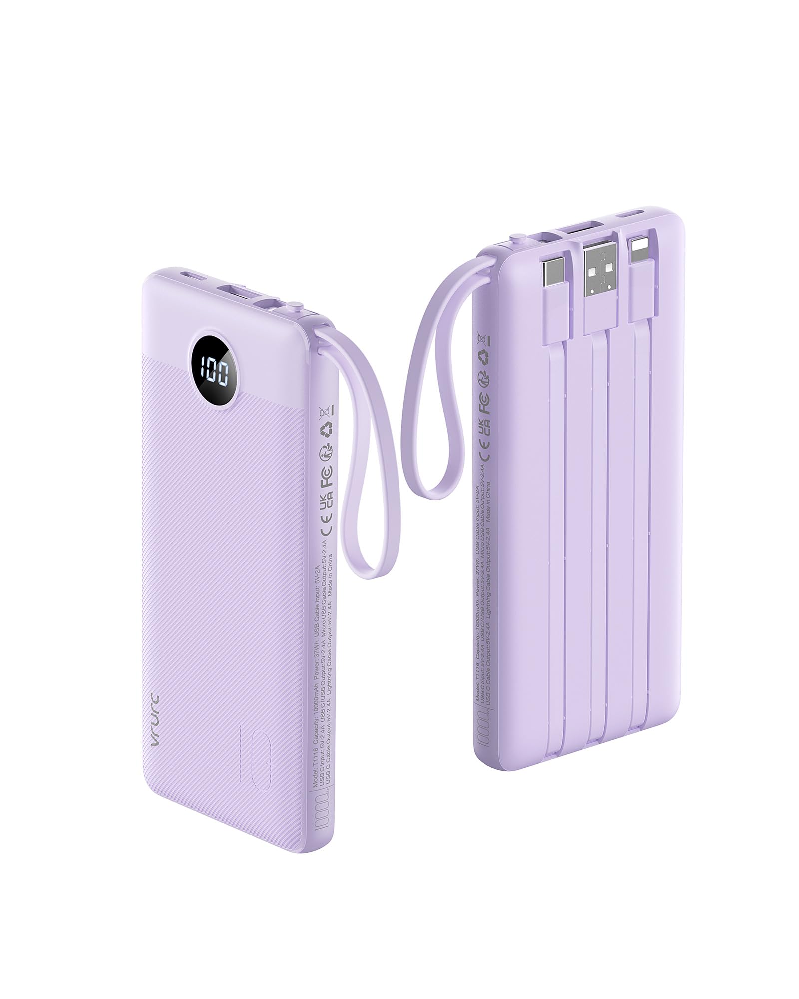 VRURC 10000mAh Slim Power Bank with Built-in Multi Cables & USB-C Fast Recharge – Smart Travel Battery Pack Lavender