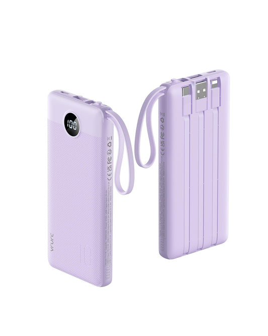 VRURC 10000mAh Slim Power Bank with Built-in Multi Cables & USB-C Fast Recharge – Smart Travel Battery Pack Lavender