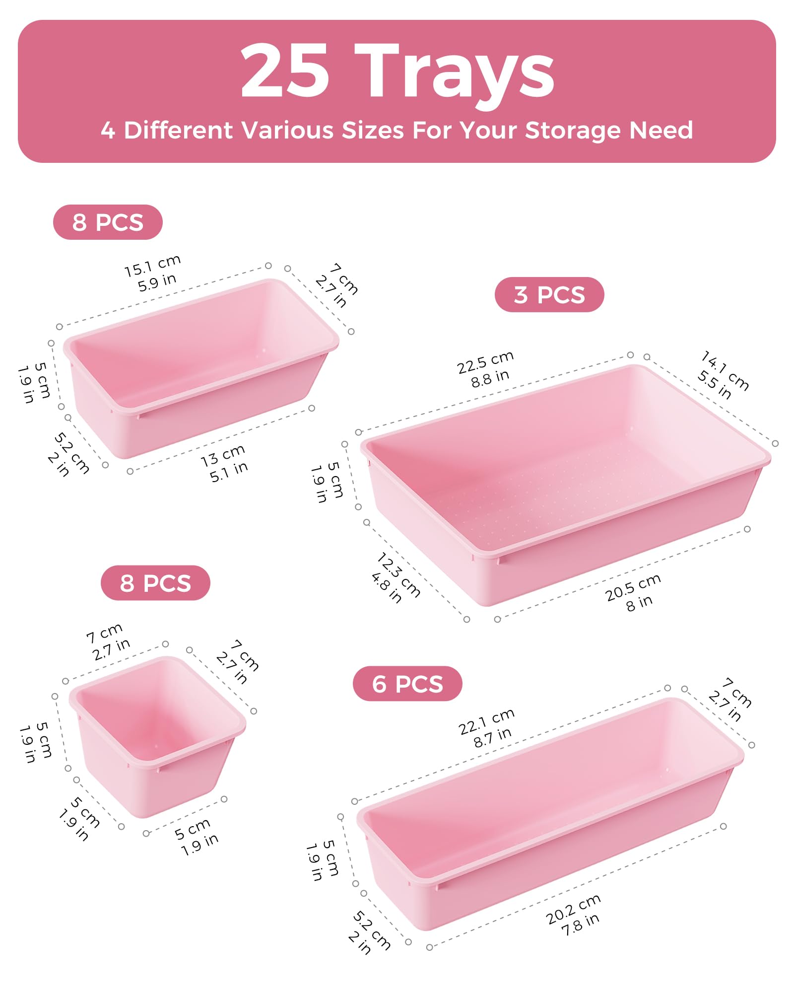 25-Piece Pink Drawer Organizer Set – Stackable Plastic Storage Trays for Makeup, Jewelry, Office & Kitchen Drawers