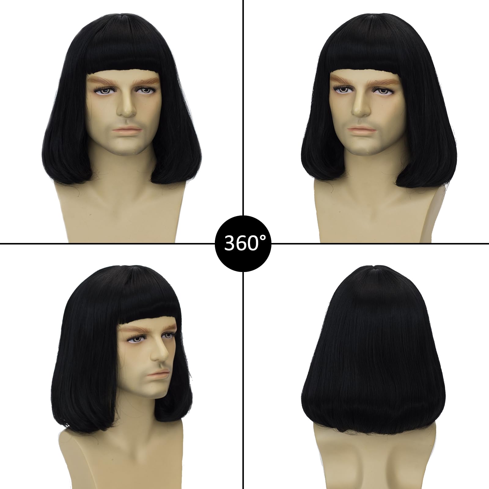 Short Black Bob Wig with Bangs for Men – Natural Matte Fiber Heat-Resistant Costume Hair 💇‍♂️🖤