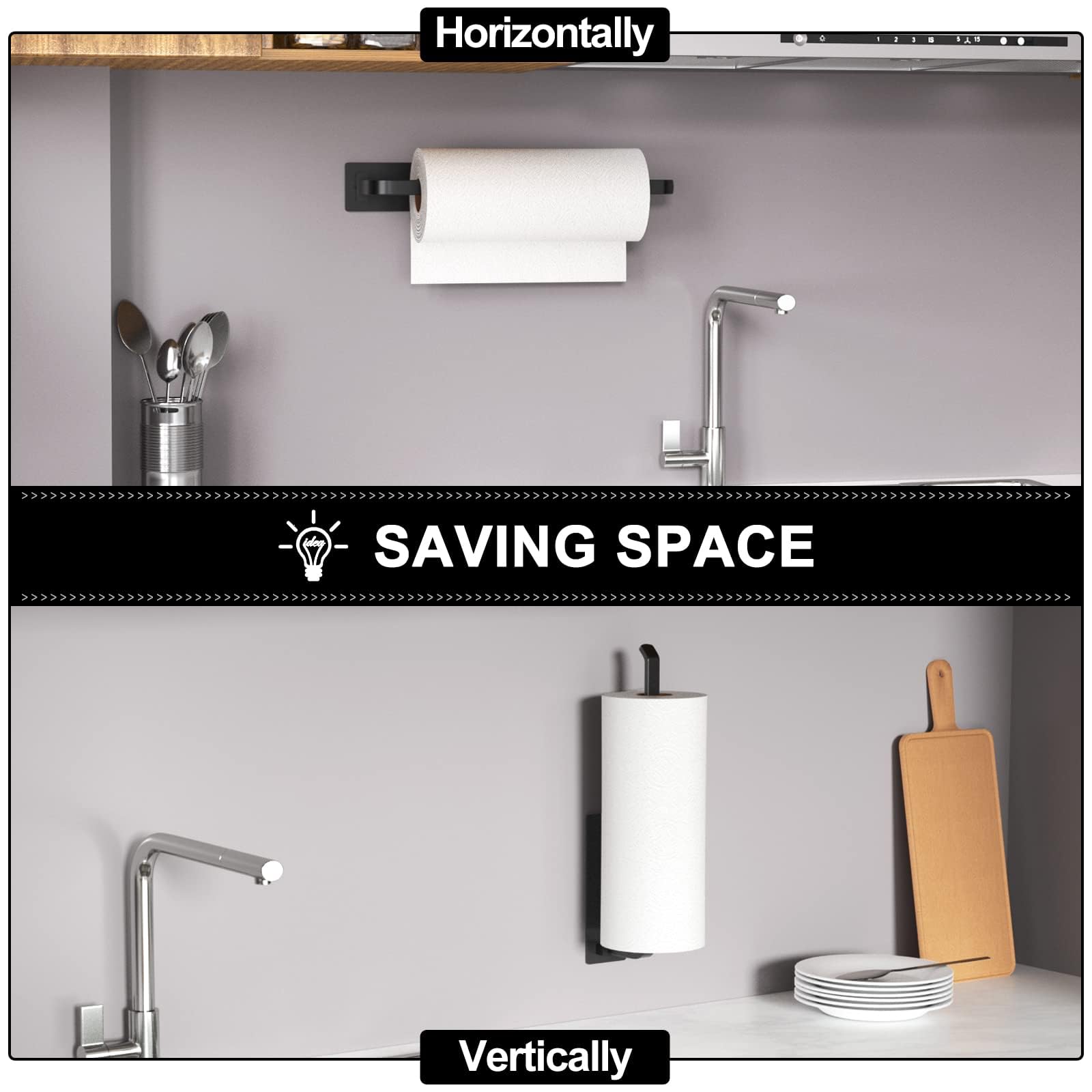 Matte Black Paper Towel Holder – Aluminum Kitchen Roll Dispenser, Adhesive or Drill Mount, Under Cabinet or Wall