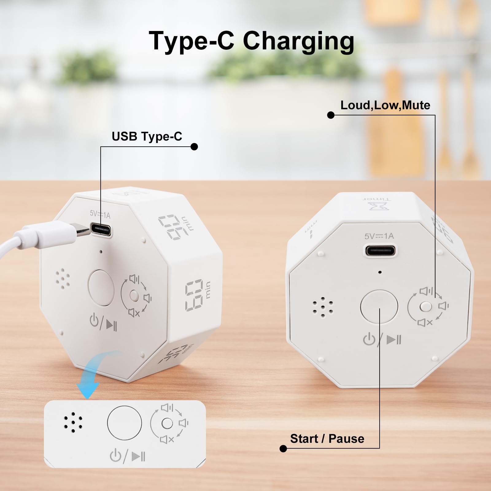 Kaflin Small Rechargeable Pomodoro Timer with Gravity Sensor, 7 Preset Times & Count-Up Mode, Compact Digital Timer for Work, Study & Kitchen – Pearl White