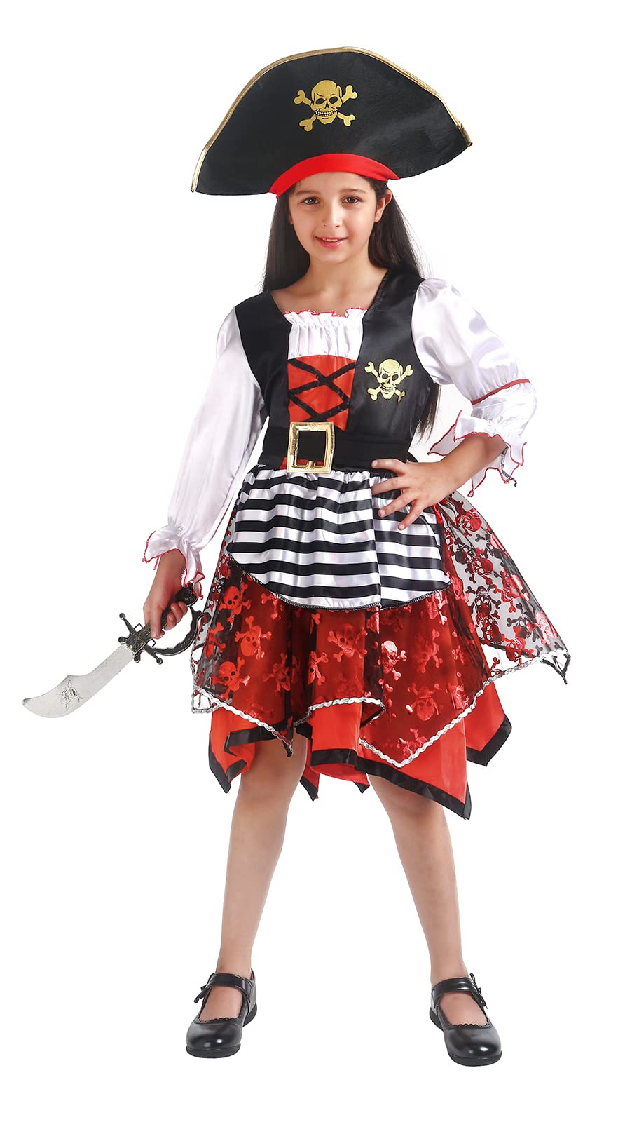 Girls Pirate Princess Costume – Red & Black Halloween Dress with Eye Patch, Coin Pouch and Pirate Accessories
