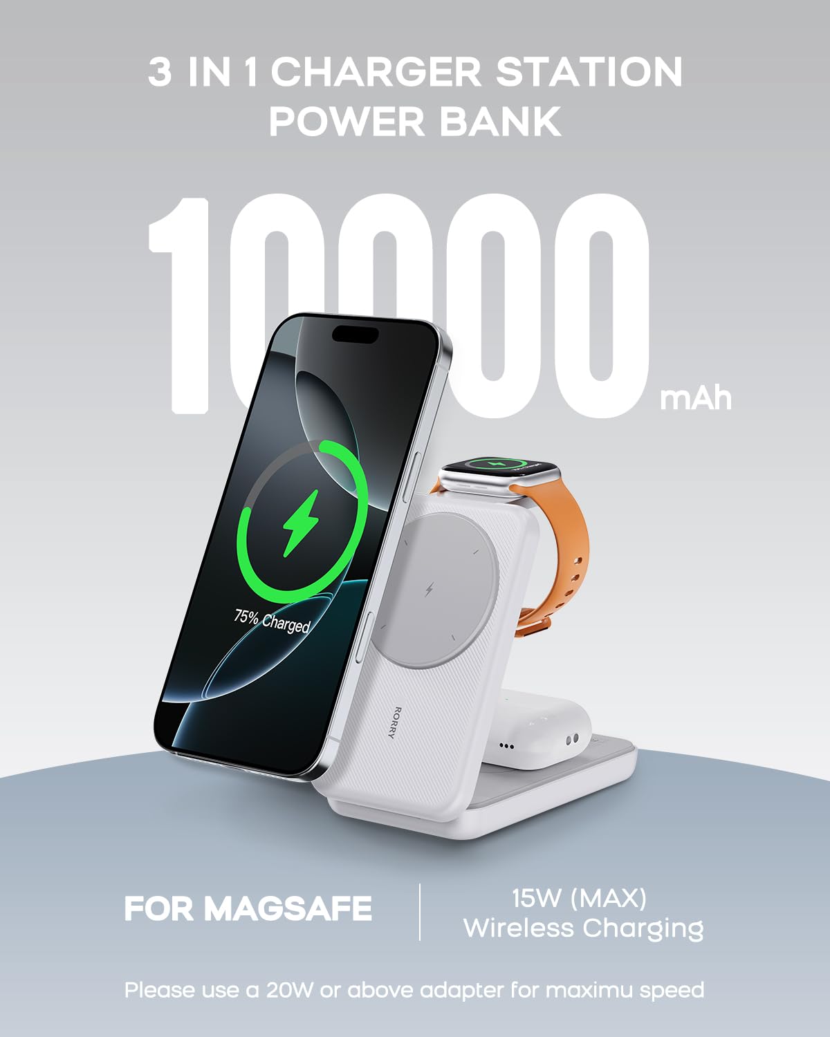 RORRY 3-in-1 Magnetic Power Bank 10000mAh – Foldable MagSafe Charger for iPhone, Apple Watch & AirPods