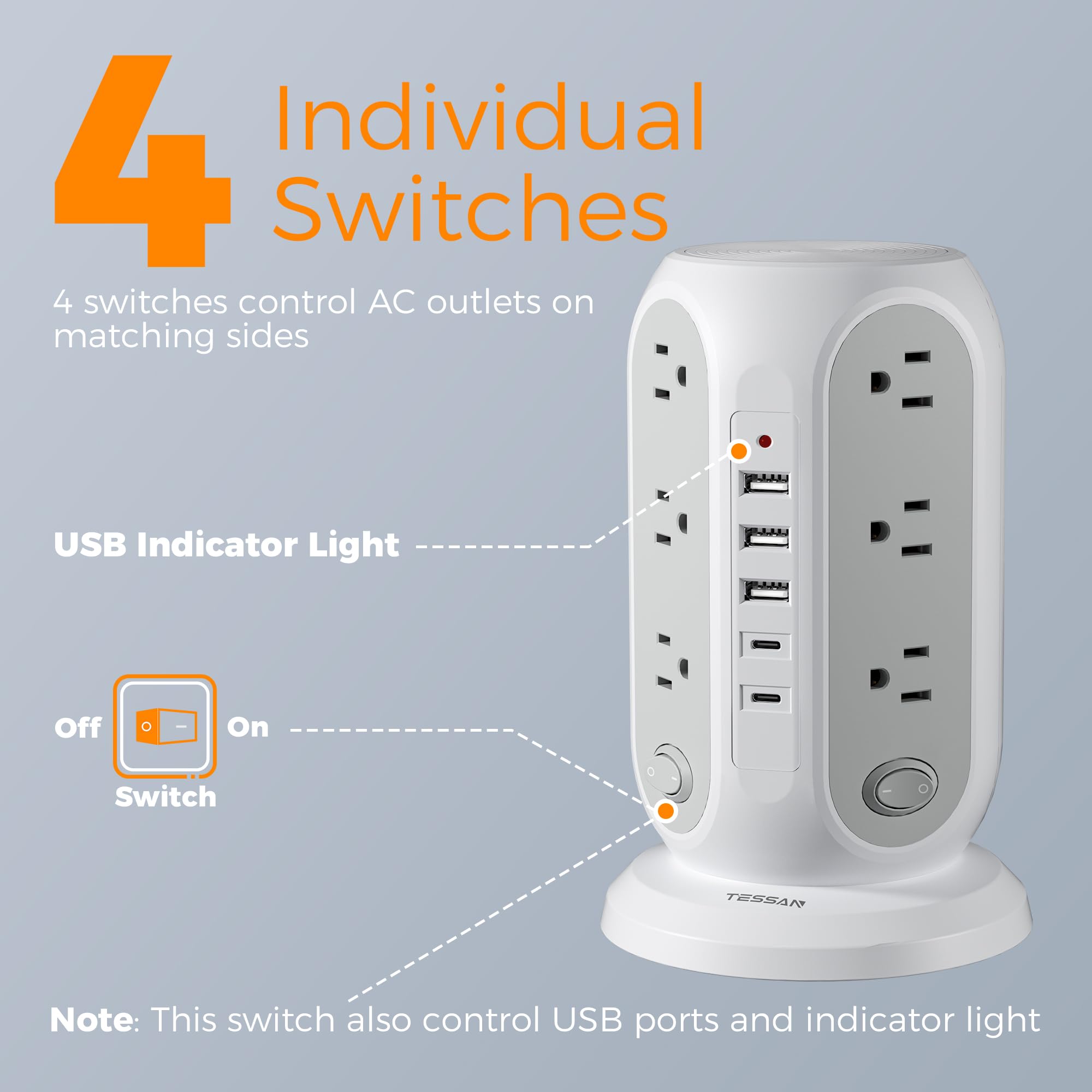 TESSAN 17-in-1 Tower Power Strip Surge Protector with 12 Outlets, 5 USB Ports & Individual Switches Flat Plug Extension Cord