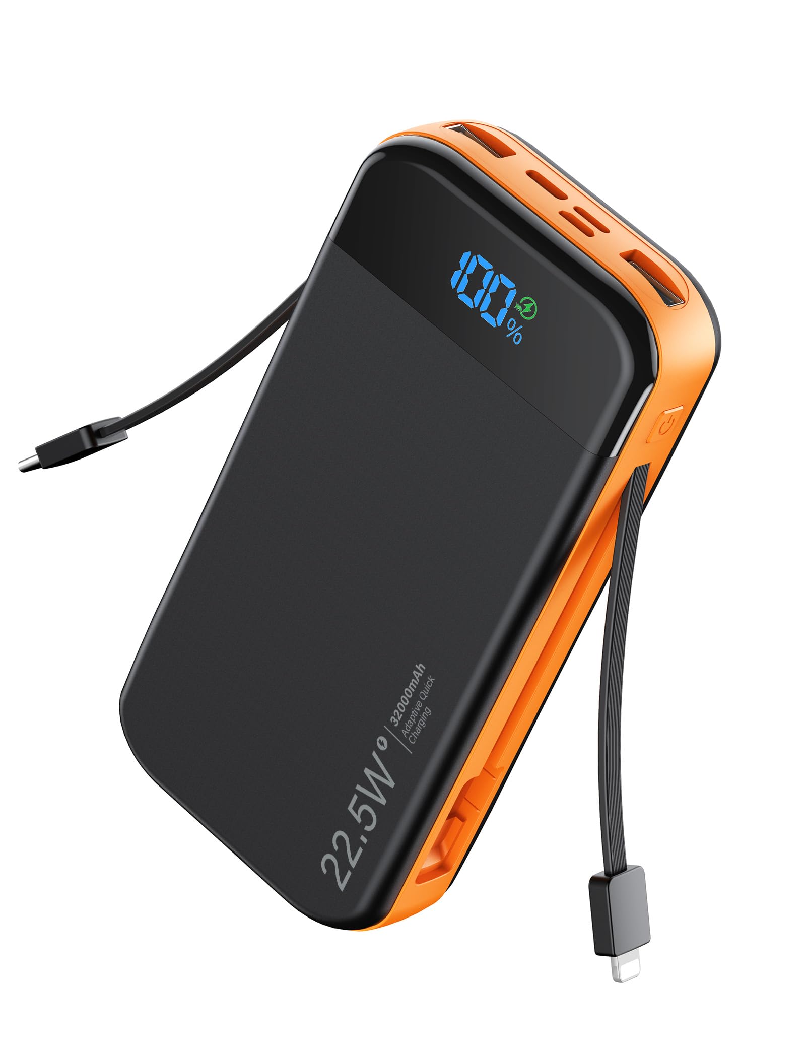32000mAh Portable Power Bank with Built-in Cables – 22.5W Fast Charging Battery Pack with LED Display for iPhone, Samsung & USB Devices (Orange)
