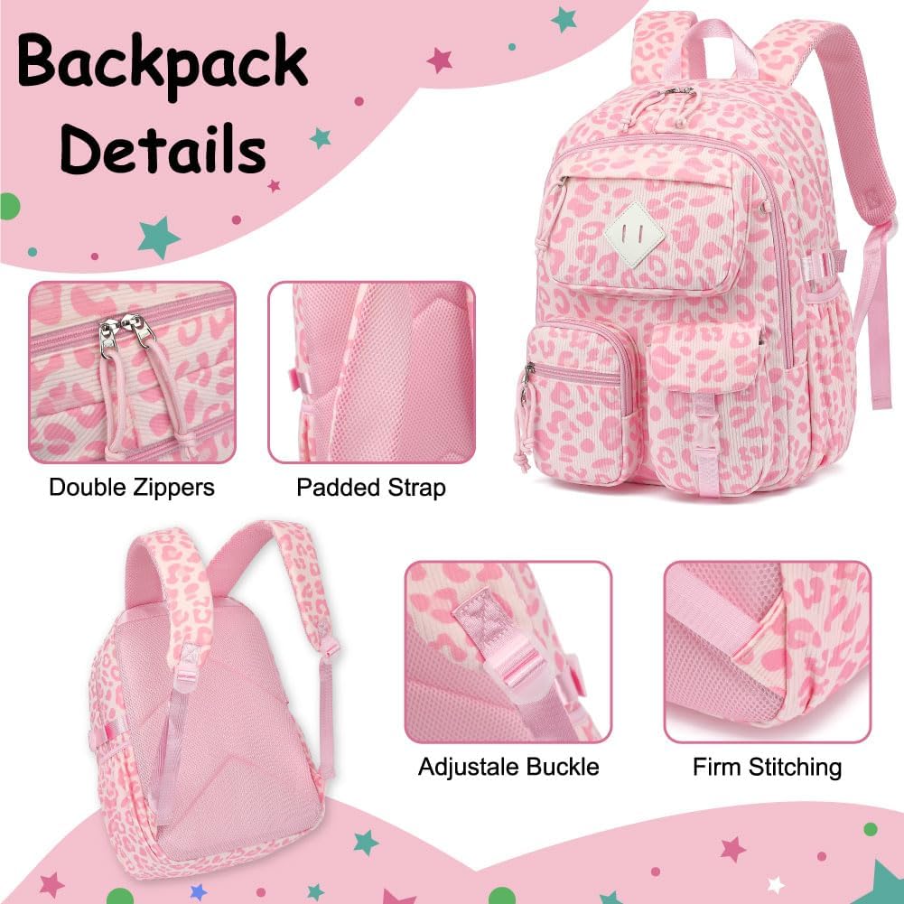 Pink Leopard Corduroy 3-Piece School Backpack Set