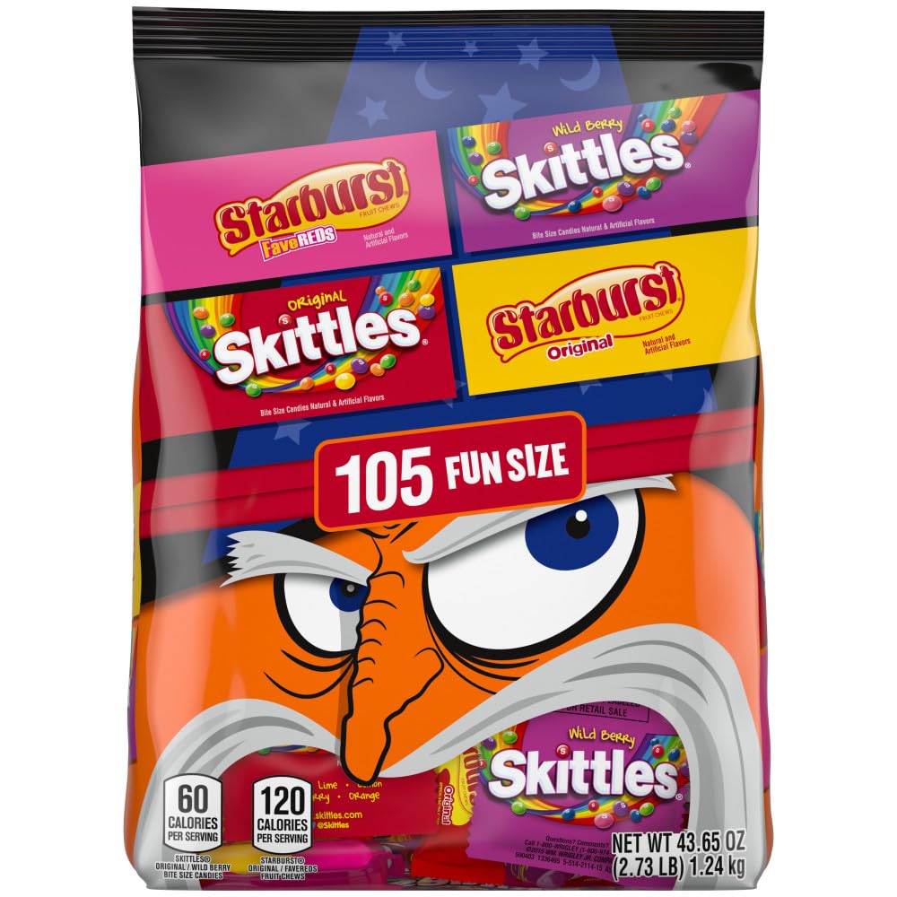 SKITTLES & STARBURST Halloween Variety Bag – 105PCS Fruity Fun Size Mix for Trick-or-Treat & Party Favors 🍓🍋🎃