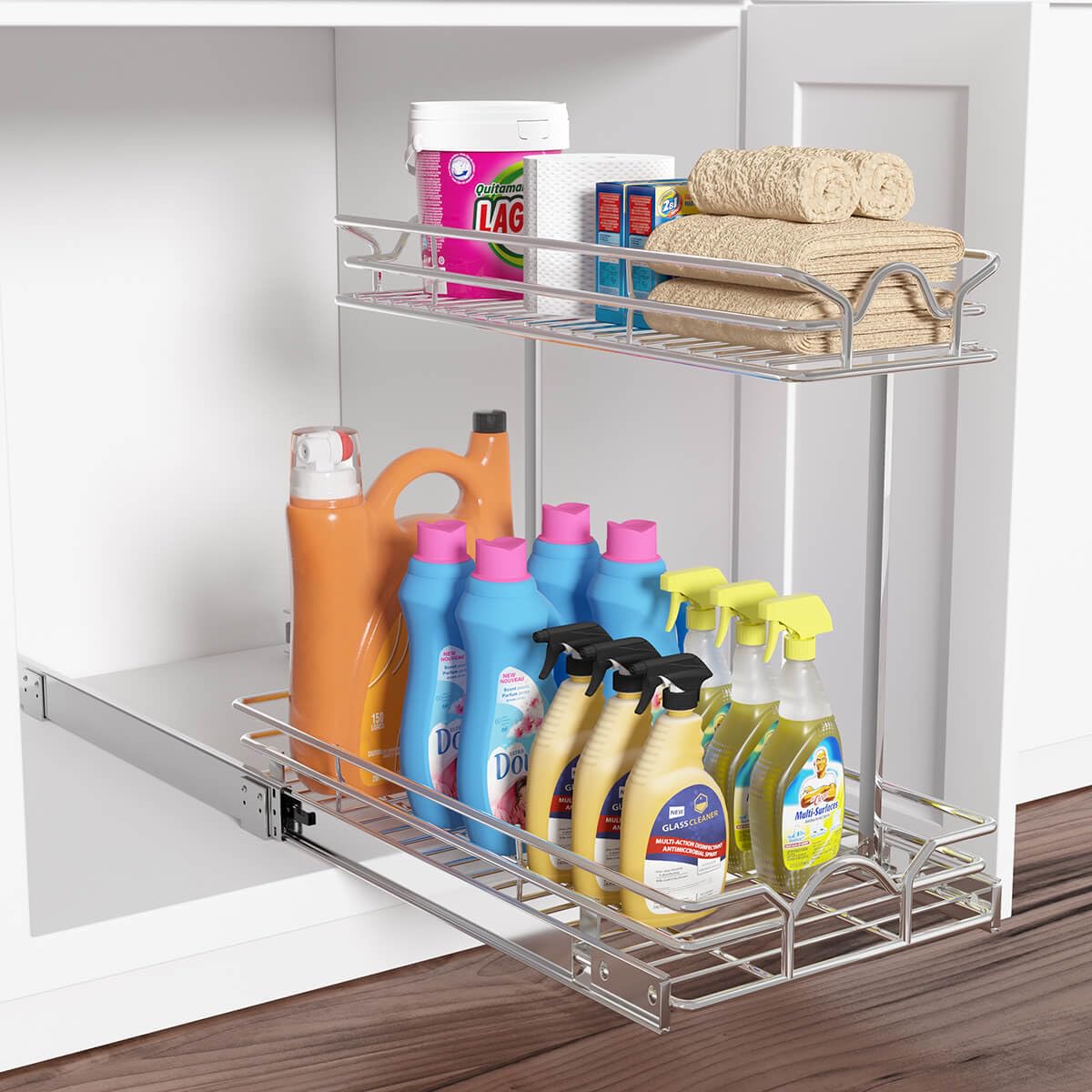 2-Tier Under Sink Pull-Out Organizer – Chrome Sliding Cabinet Shelf for Kitchen & Bathroom Storage