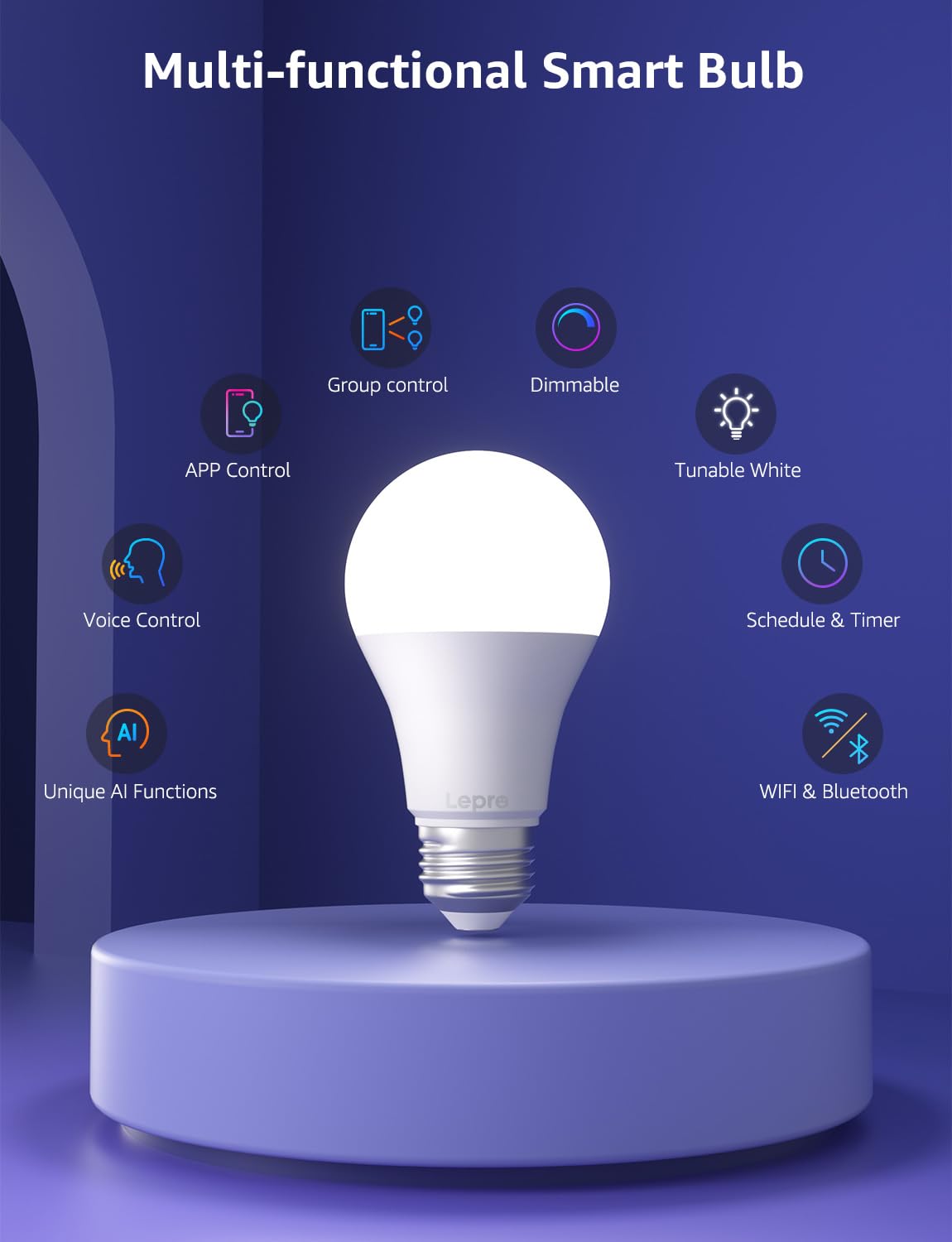 Lepro B1 AI RGBWW Smart WiFi Bulb A19 E26 – 16M Colors, Tunable White 2700K–6500K with LightGPM 4