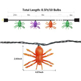 Multicolor Halloween Spider String Lights – 8.5ft Plug-In LED String with 10 Orange, Purple & Green Spiders (Connectable Indoor/Outdoor Décor)