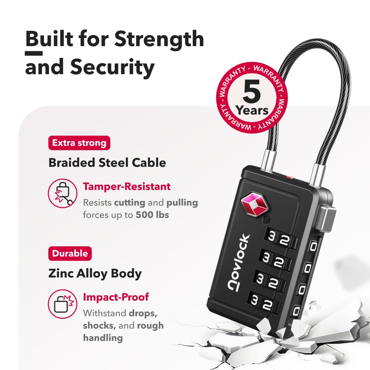 TSA 008 Approved 4-Digit Combination Luggage Lock with Inspection Indicator, Heavy Duty Cable Travel Lock for Suitcases & Backpacks