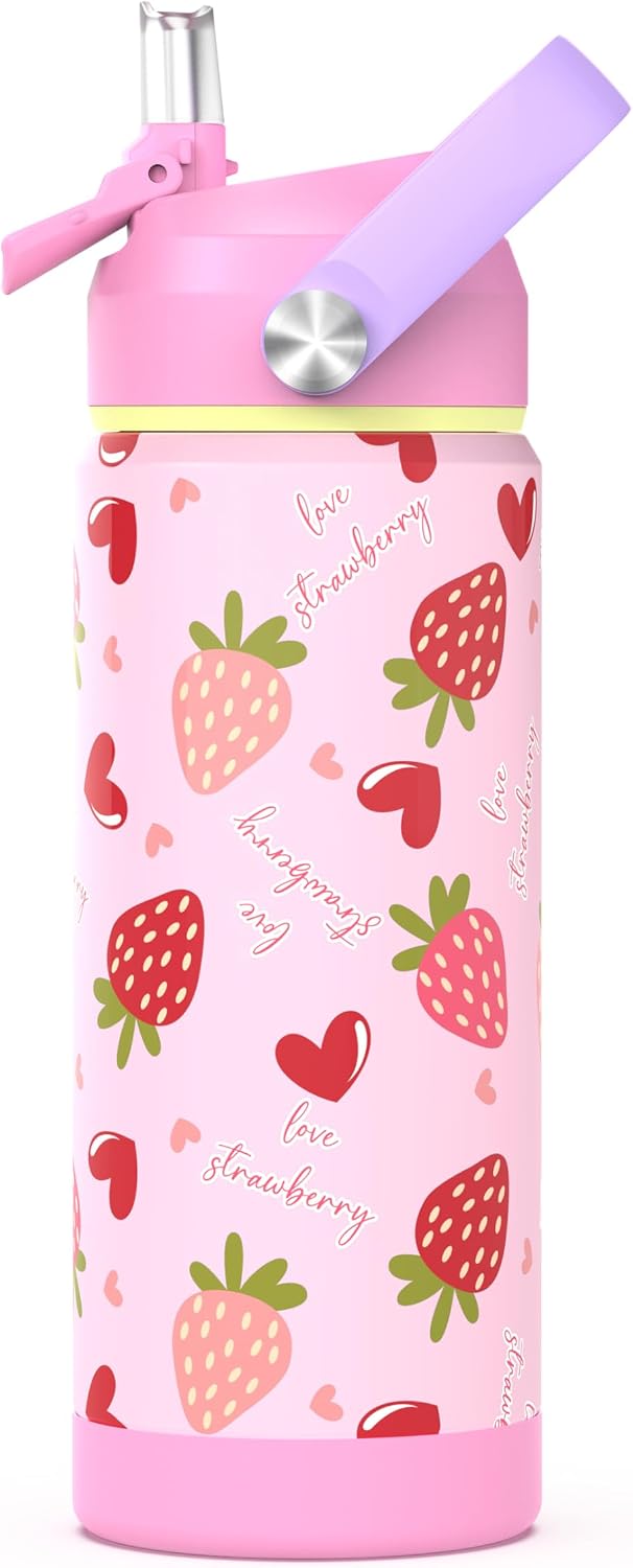 Girls Bow Water Bottle for School，Kids 18 oz Insulated Stainless Steel Cup with Straw, Double-Wall Vacuum Leakproof