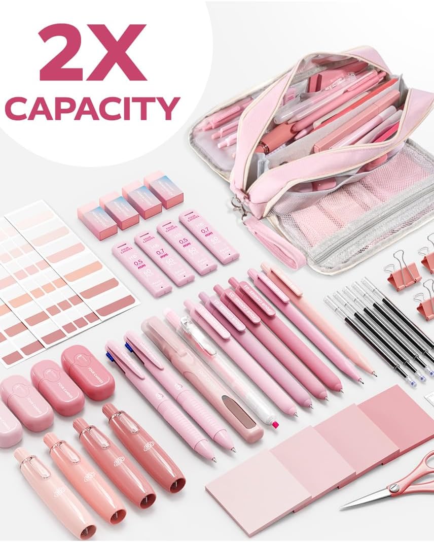 Pink Aesthetic School Supplies Kit with Organizer