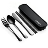 Reusable Travel Utensil Set with Case – Stainless Steel Fork, Spoon, Knife & Chopsticks Portable Cutlery Kit for Work, Camping & Lunch (Black)
