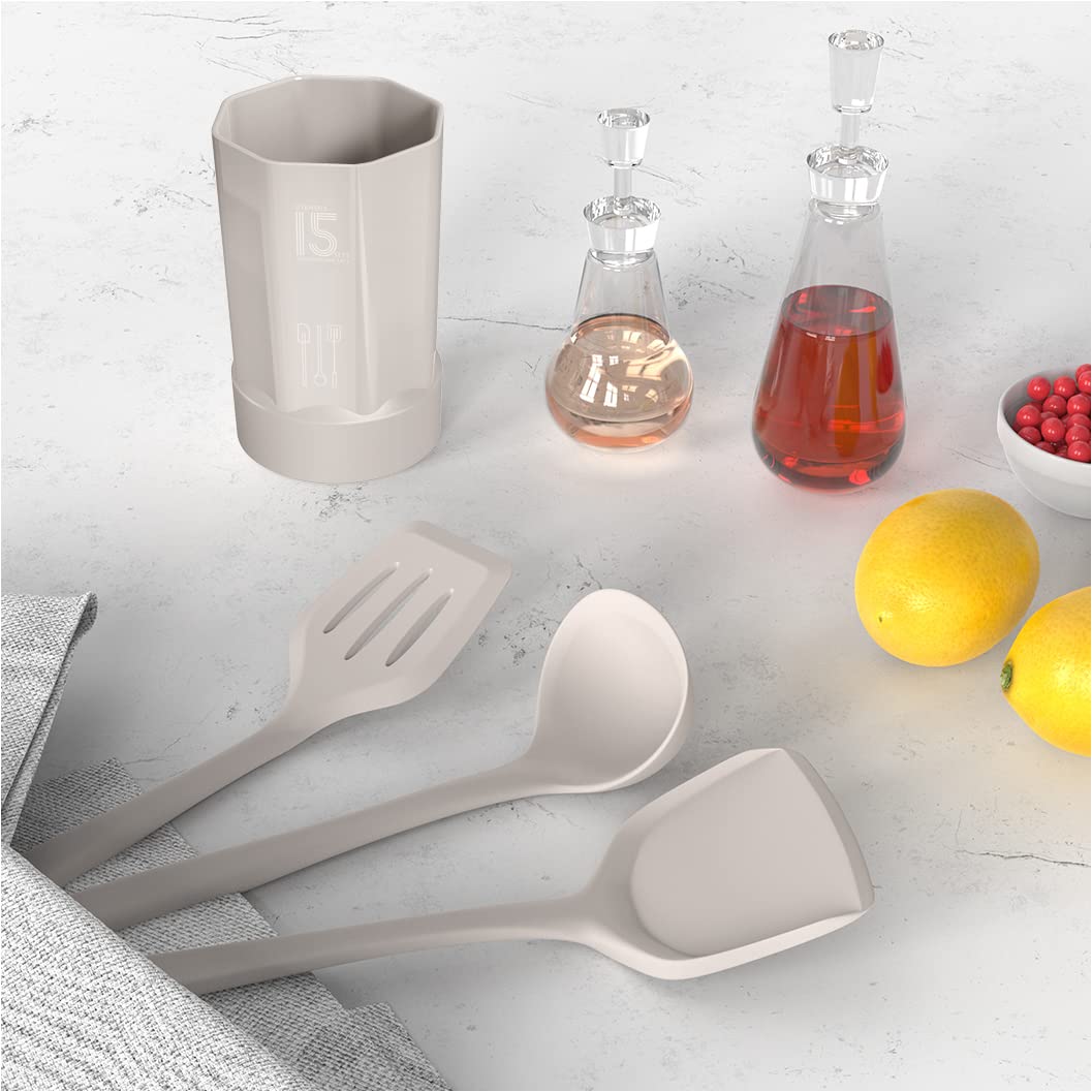 15-Piece Food-Grade Silicone Kitchen Utensil Set with Holder – Heat Resistant, Non-Stick Safe (Khaki)