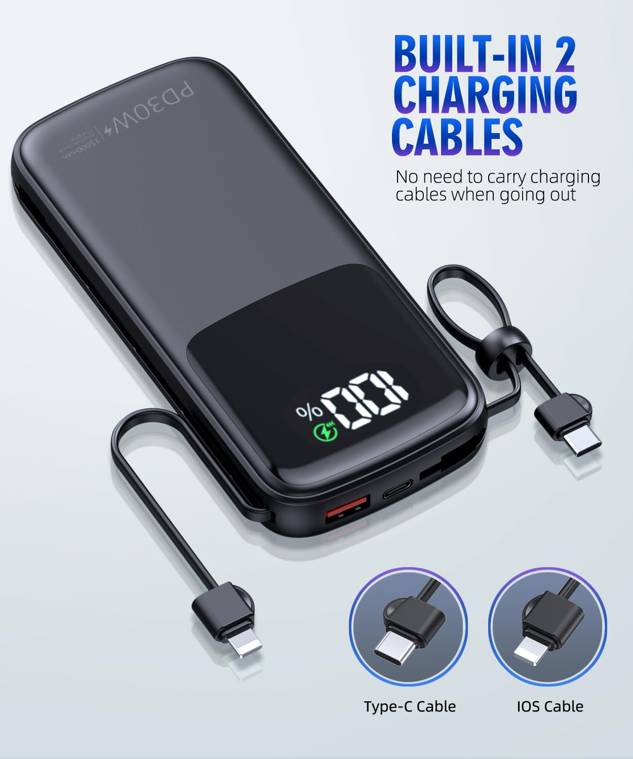 15000mAh Portable Power Bank with Built-in Cables & Wall Plug – 30W Fast Charging Travel Battery Pack for iPhone, Samsung & USB-C Devices (Black)