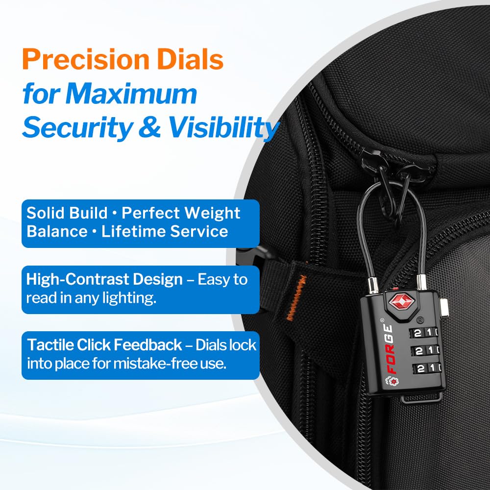 Forge TSA Approved Cable Luggage Locks 4 Pack, Durable 3 Digit Combination Travel Locks for Suitcases, Backpacks & Gym Bags