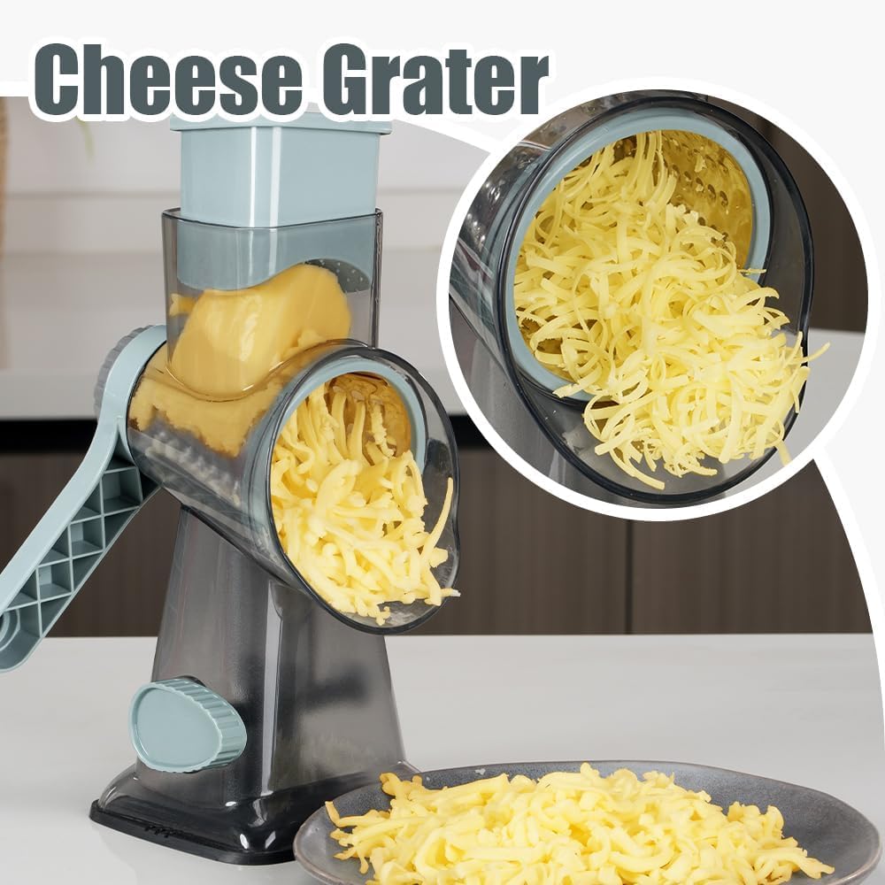 Rotary Cheese Grater with Handle – 3 Interchangeable Blades, Safe & Hands-Free Shredder