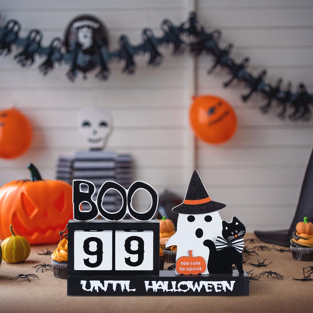 Halloween Countdown Wooden Block Decor – 99 Days to Halloween with Ghost, Cat & Pumpkin Ornaments