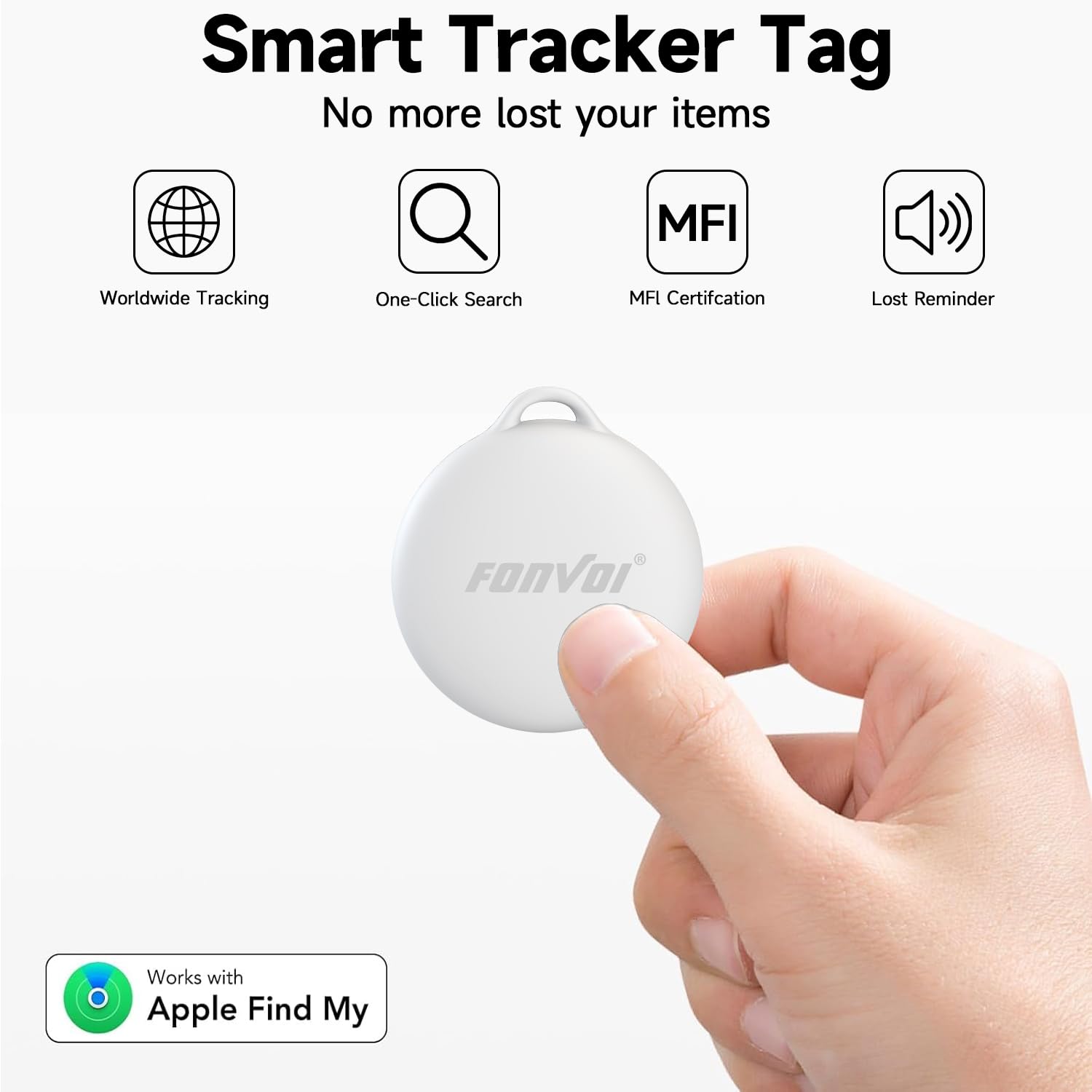 FONVOi Bluetooth Tracker Tag 4 Pack, Apple Find My Compatible Smart Item Locator with Loud Alarm and Replaceable Battery