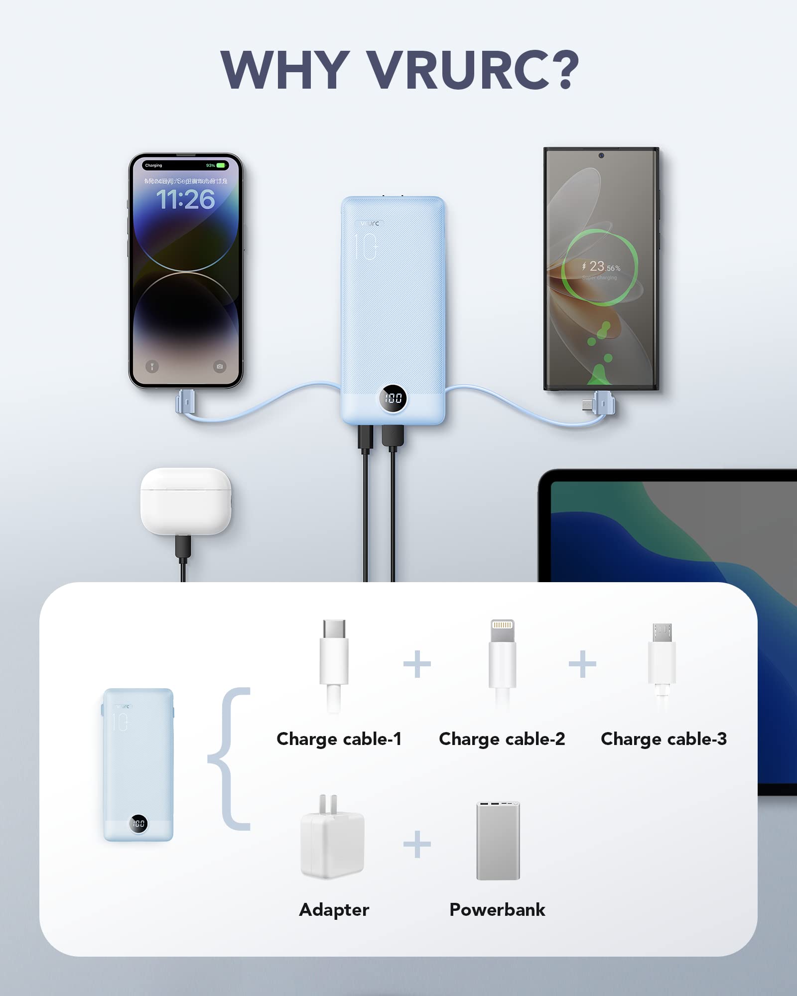 VRURC 10000mAh Portable Power Bank – Built-in Cables & AC Wall Plug, Compact Travel Charger with LED Display (Blue)
