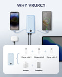 VRURC 10000mAh Portable Power Bank – Built-in Cables & AC Wall Plug, Compact Travel Charger with LED Display (Blue)