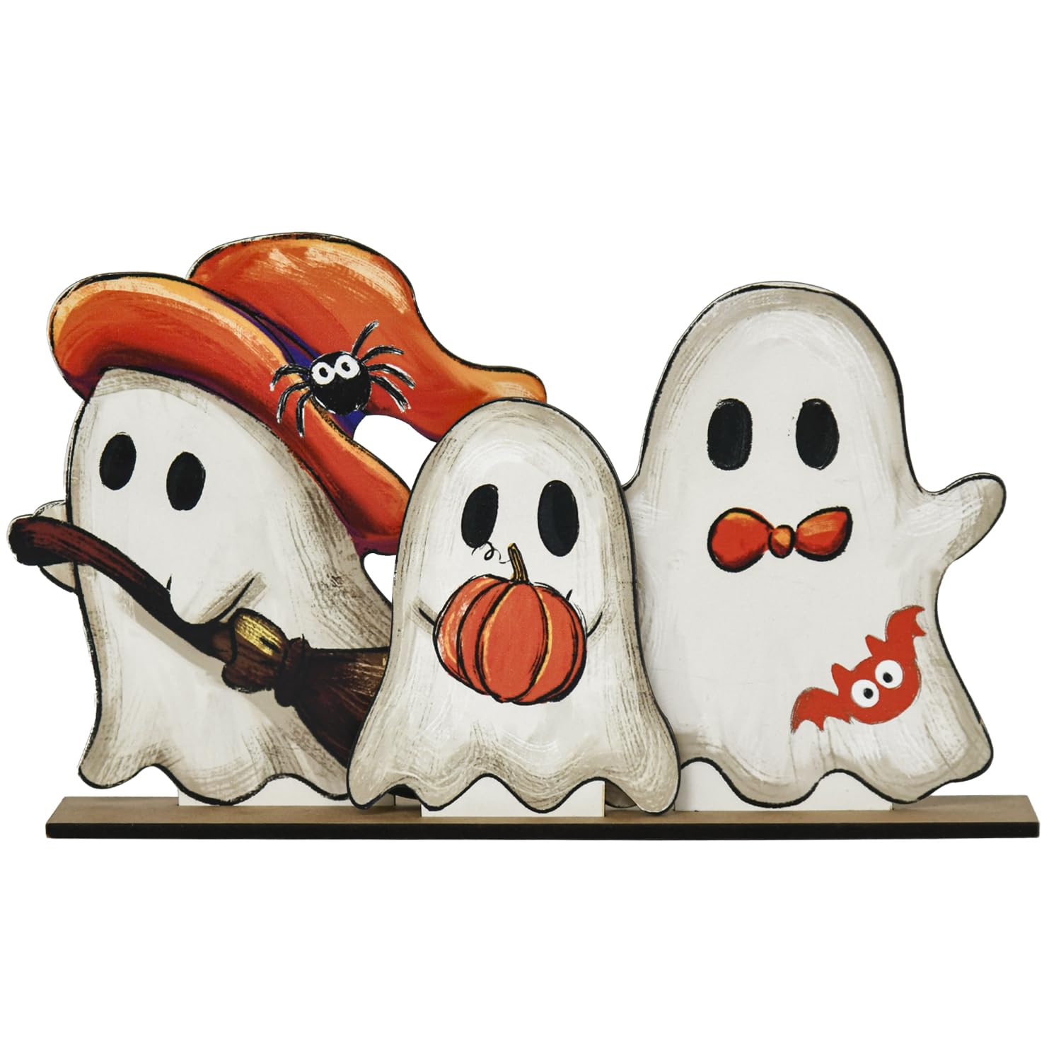 Wooden Ghost Halloween Table Decor Set – 3 Black Wooden Signs with Base for Farmhouse Holiday Display