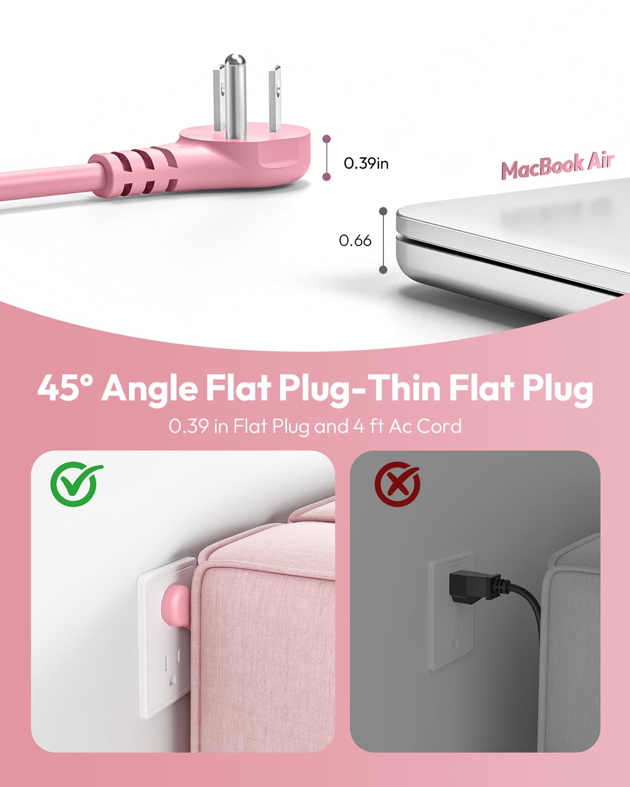 Pink Travel Power Strip with USB Ports – Compact 7-Device Charging Station with Flat Plug & Wrap Cord for Cruise, Hotel & Dorm