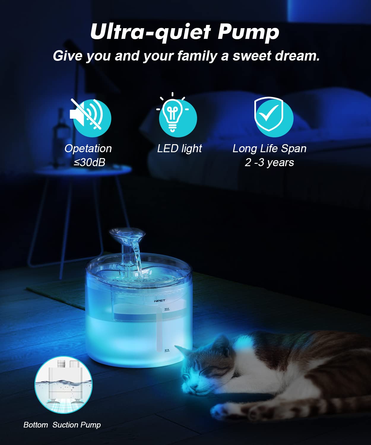 NPET 1.6L Cat Water Fountain with Leaf Spout – Triple Filtration & Ultra-Quiet Circulation (White)