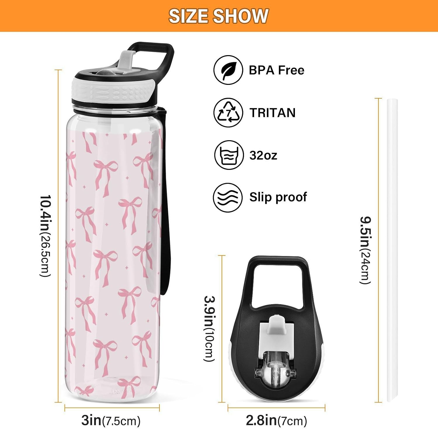 32 oz Clear Bow Tritan Water Bottle with Straw and Carry Strap