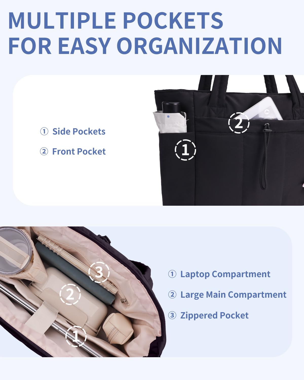 Wandering Nature Puffer Tote Bag with 40oz Tumbler Holder – Lightweight Laptop Tote with Trolley Sleeve (Black)