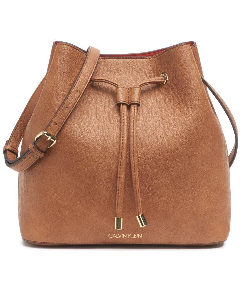 Calvin Klein Gabrianna Bucket Shoulder Bag – Vegan Leather Convertible Crossbody Purse (Caramel)