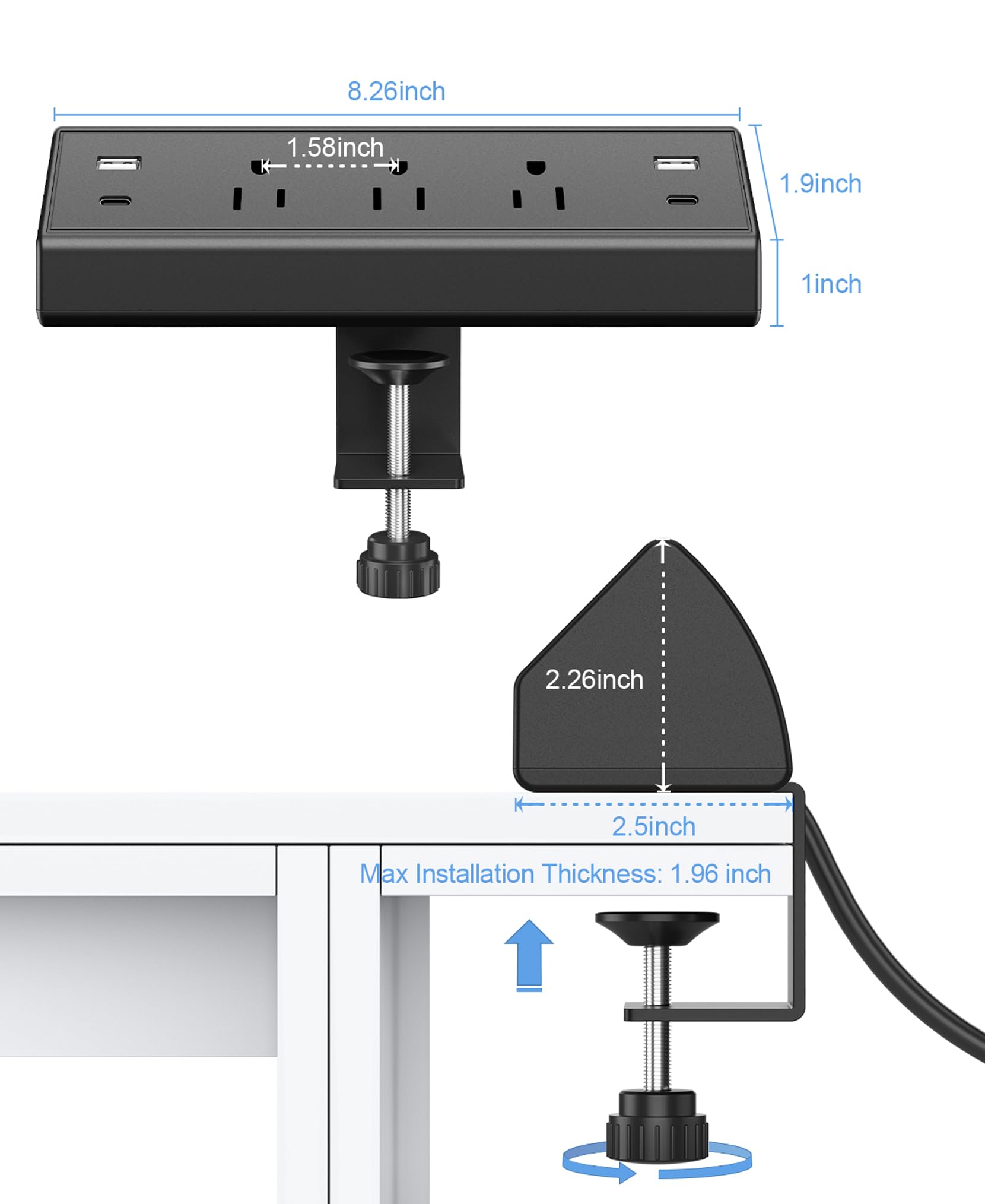 Desk Clamp Power Strip with USB-C Fast Charging 7-Port Surge Protector Mountable Charging Station Black