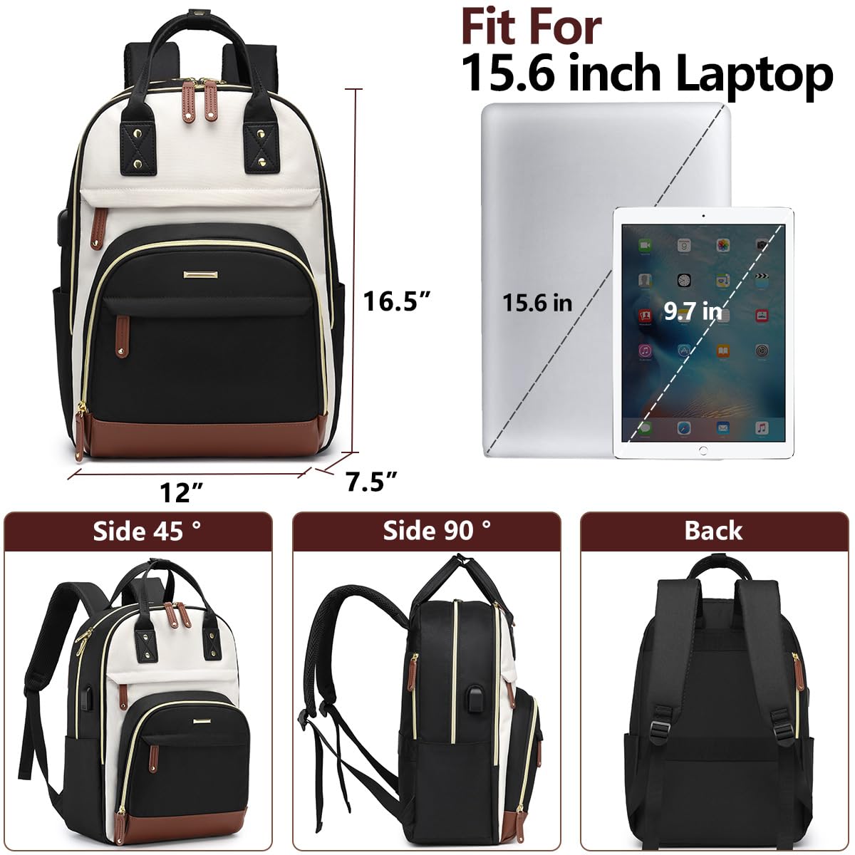 Women’s Laptop Backpack with USB Charging Port – Stylish Business & Travel Backpack for 15.6″ Laptops (Black Beige)