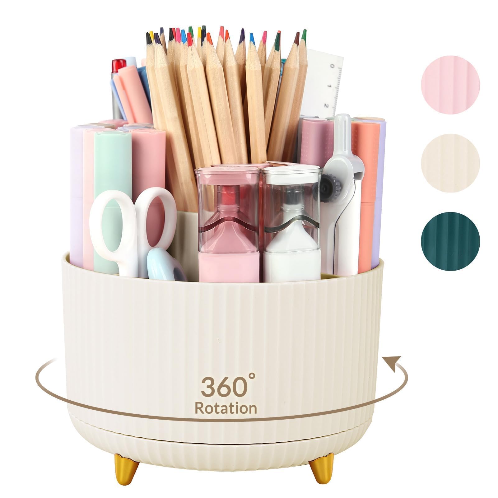 SkyDue 360° Rotating Desk Pen Organizer with 5 Compartments Space Saving Pencil Holder & Multi Purpose Desktop Storage