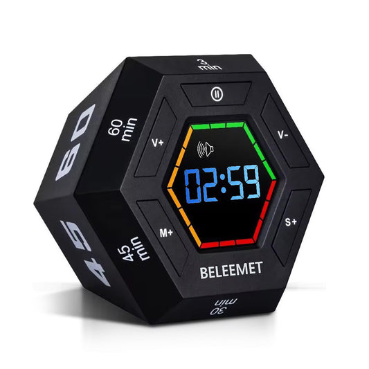 BELEEMET Magnetic Hexagon Pomodoro Timer with Gravity Flip, Custom Intervals & Adjustable Sound – Black