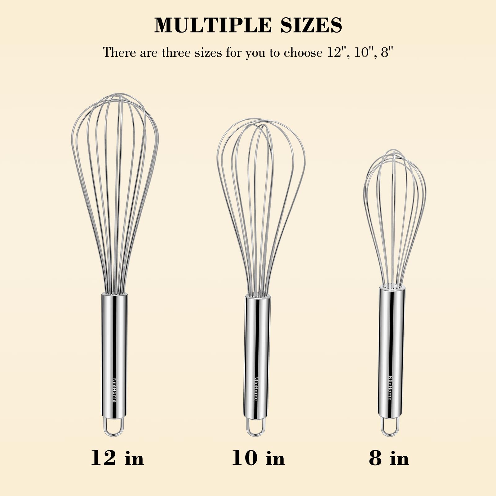 Stainless Steel Balloon Whisk Set (8”, 10”, 12”) for Baking & Cooking