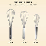 Stainless Steel Balloon Whisk Set (8”, 10”, 12”) for Baking & Cooking