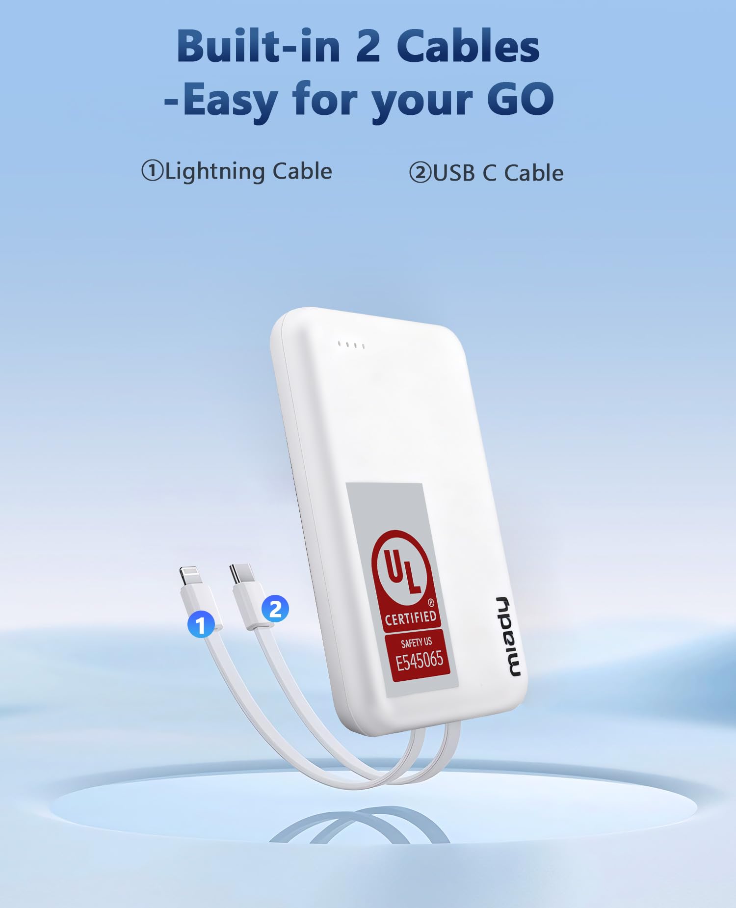 Miady 2-Pack 5000mAh Mini Portable Charger with Built-in Lightning & USB-C Cables, Pocket Power Bank for iPhone, Android & Travel