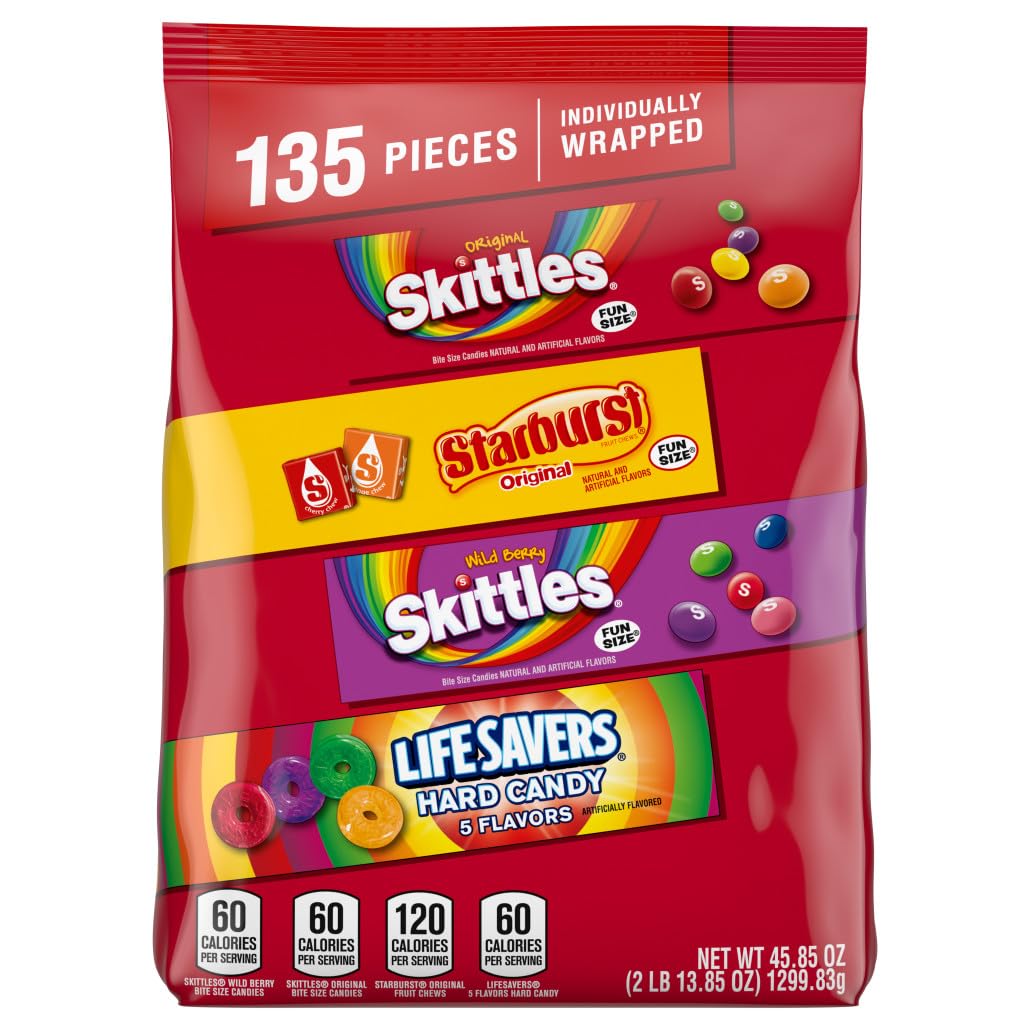 SKITTLES, STARBURST & LIFE SAVERS Fruity Candy Variety Pack – 135PCS Bulk Mix of Chewy & Hard Candies 🍬🍓🍋🎉